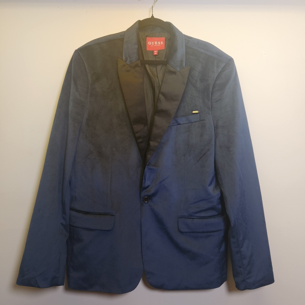 Guess Velvet Tuxedo Jacket Mens XXL 48 Navy Blue Black Satin Lapel Single Button